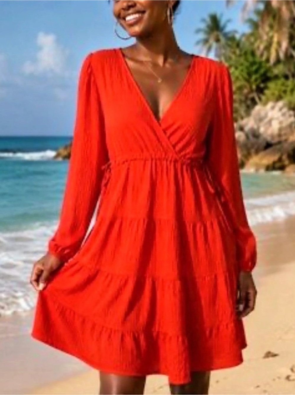 Max Studio Women's Red Long Sleeve Tiered Short Mini Dress Small S Coral Red